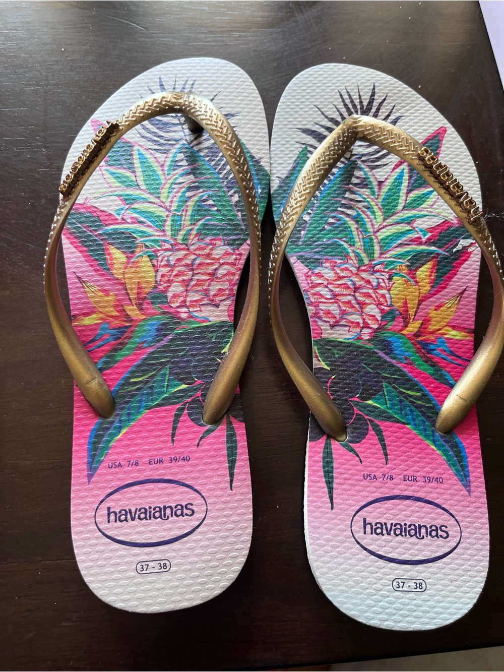 Havaianas Women's Pink Tropical Flip Flops with Gold Straps